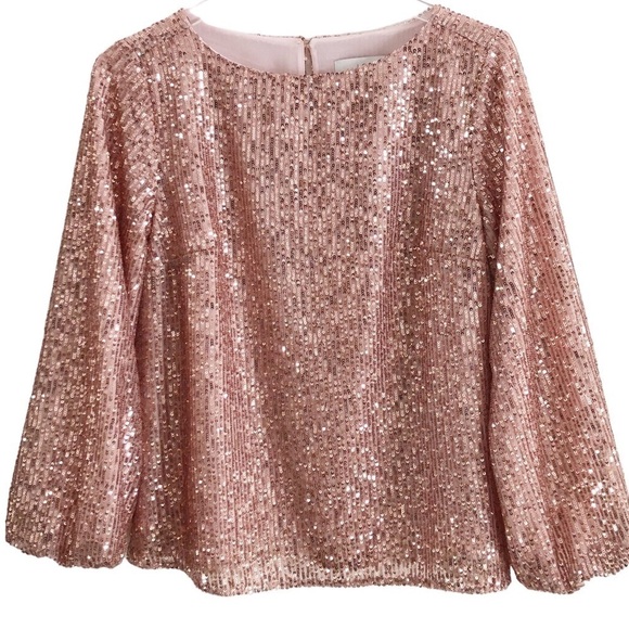 Loft NWT Pink Sequin Puff Sleeve Blouse Pullover Size XS - Picture 3 of 9